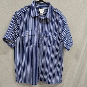 John Blair Mens XLG Blue White Striped Short Sleeve Epaulette Button Down Shirt